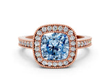 Rose gold Fancy Blue Cushion Cut-Cut Diamond Halo Engagement Ring with Pave Band and Prong Setting