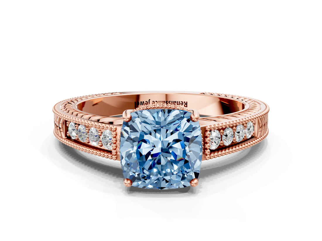 Rose gold Fancy Blue Cushion Cut Cut Diamond Milgrain Pave Band Four-Prong Setting Ring_3