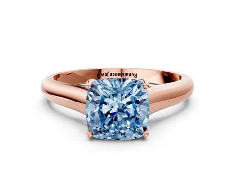 Rose gold Fancy Blue Cushion Cut Cut Diamond Solitaire Engagement Ring with Tapered Plain Band and Four-Prong Setting