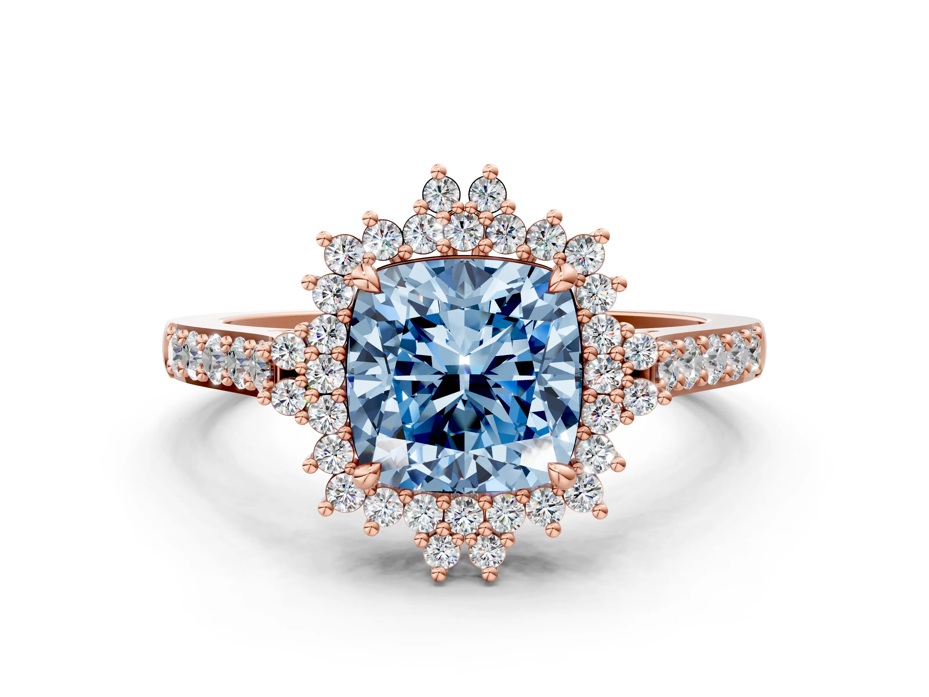 Rose gold Fancy Blue Cushion Cut Cut Diamond Sunburst Halo Engagement Ring with Pavé Band