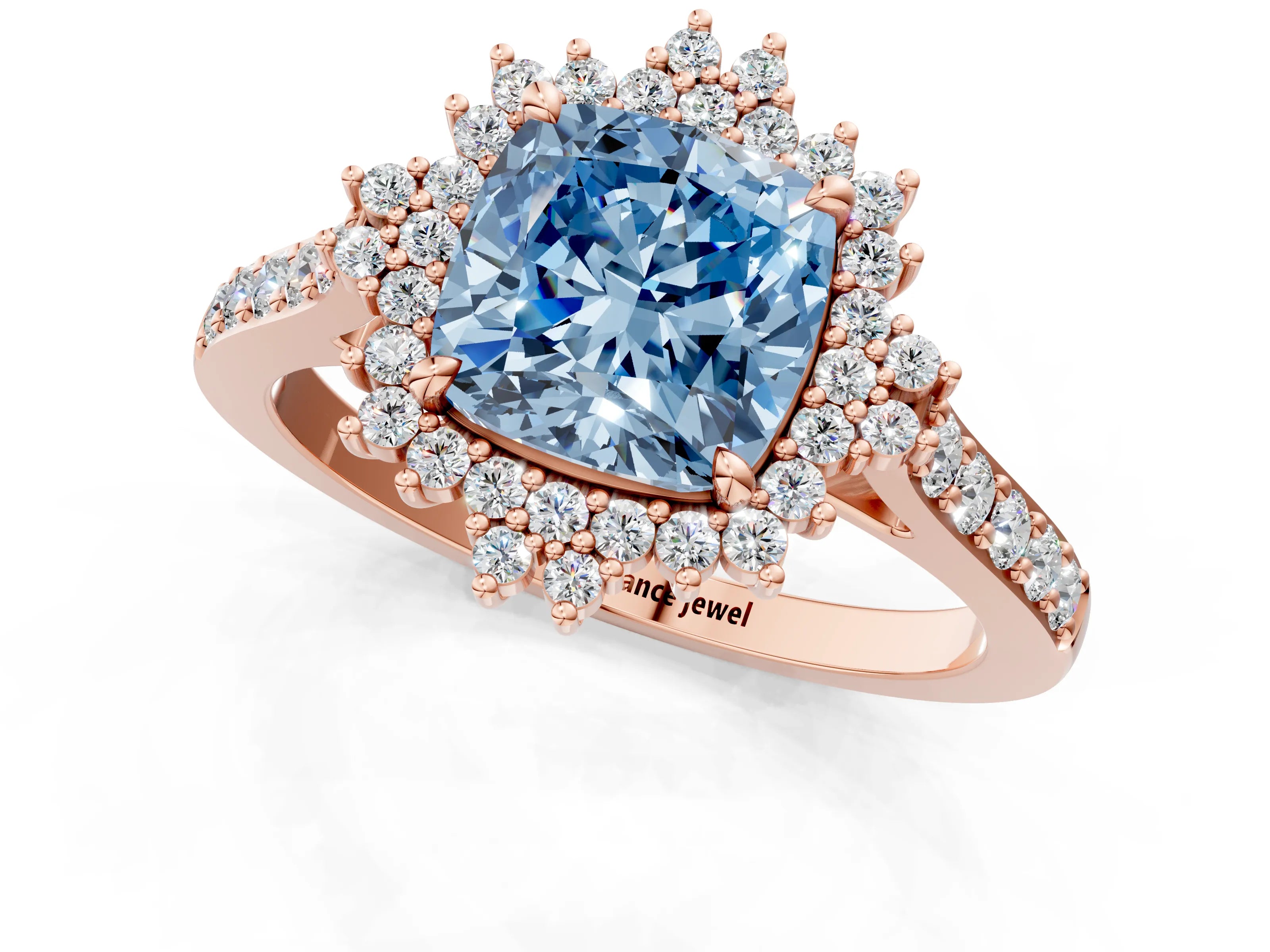 Rose gold Fancy Blue Cushion Cut Cut Diamond Sunburst Halo Engagement Ring with Pavé Band_1