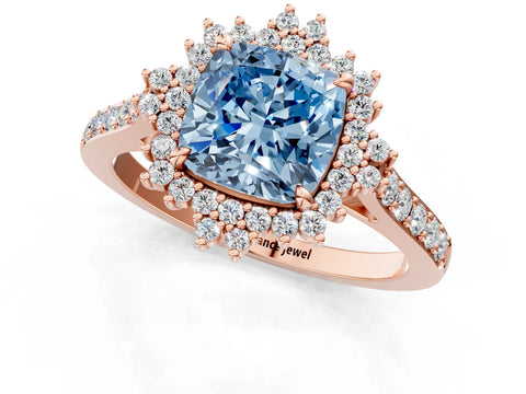 Rose gold Fancy Blue Cushion Cut Cut Diamond Sunburst Halo Engagement Ring with Pavé Band_1