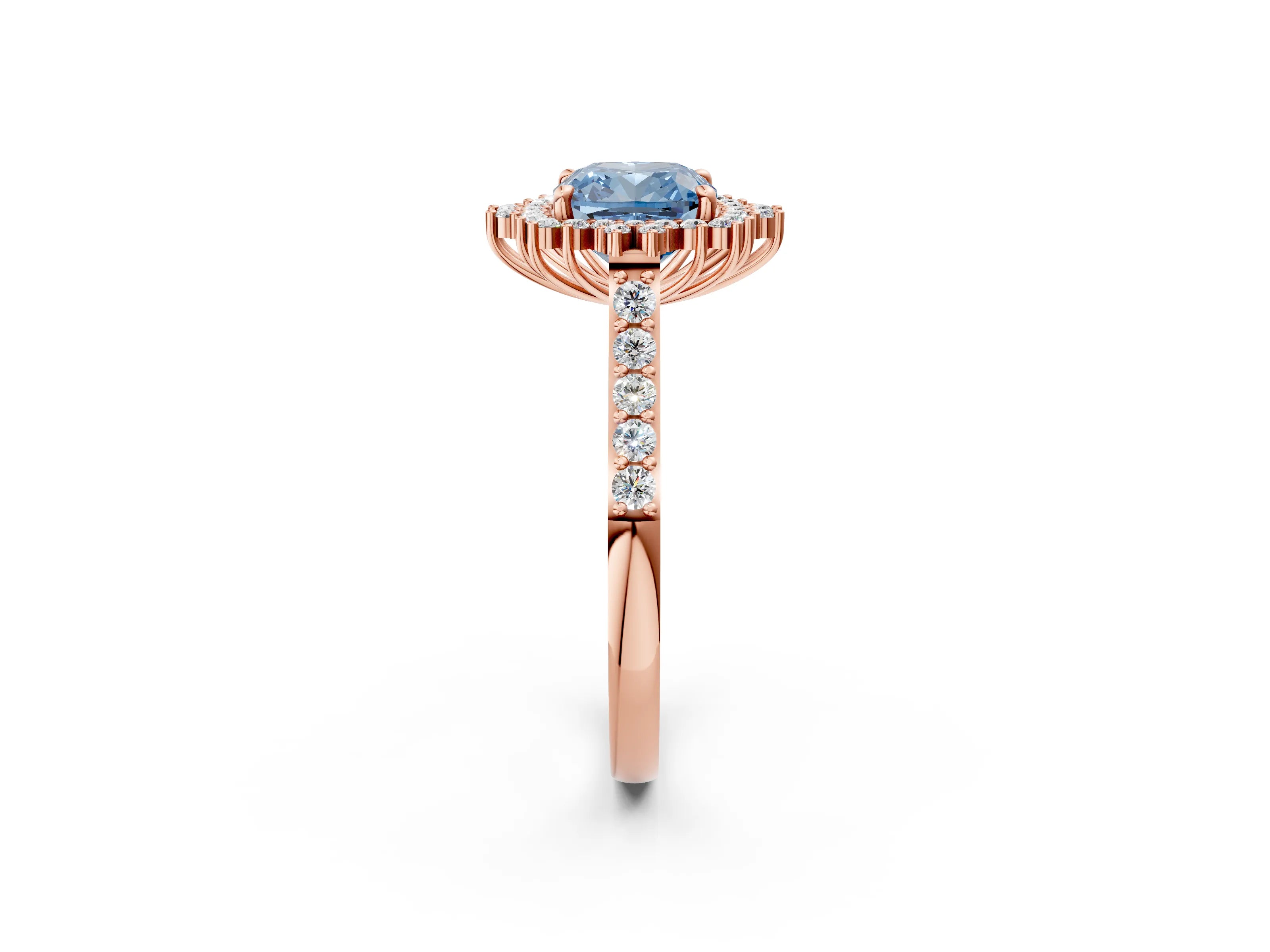 Rose gold Fancy Blue Cushion Cut Cut Diamond Sunburst Halo Engagement Ring with Pavé Band_2