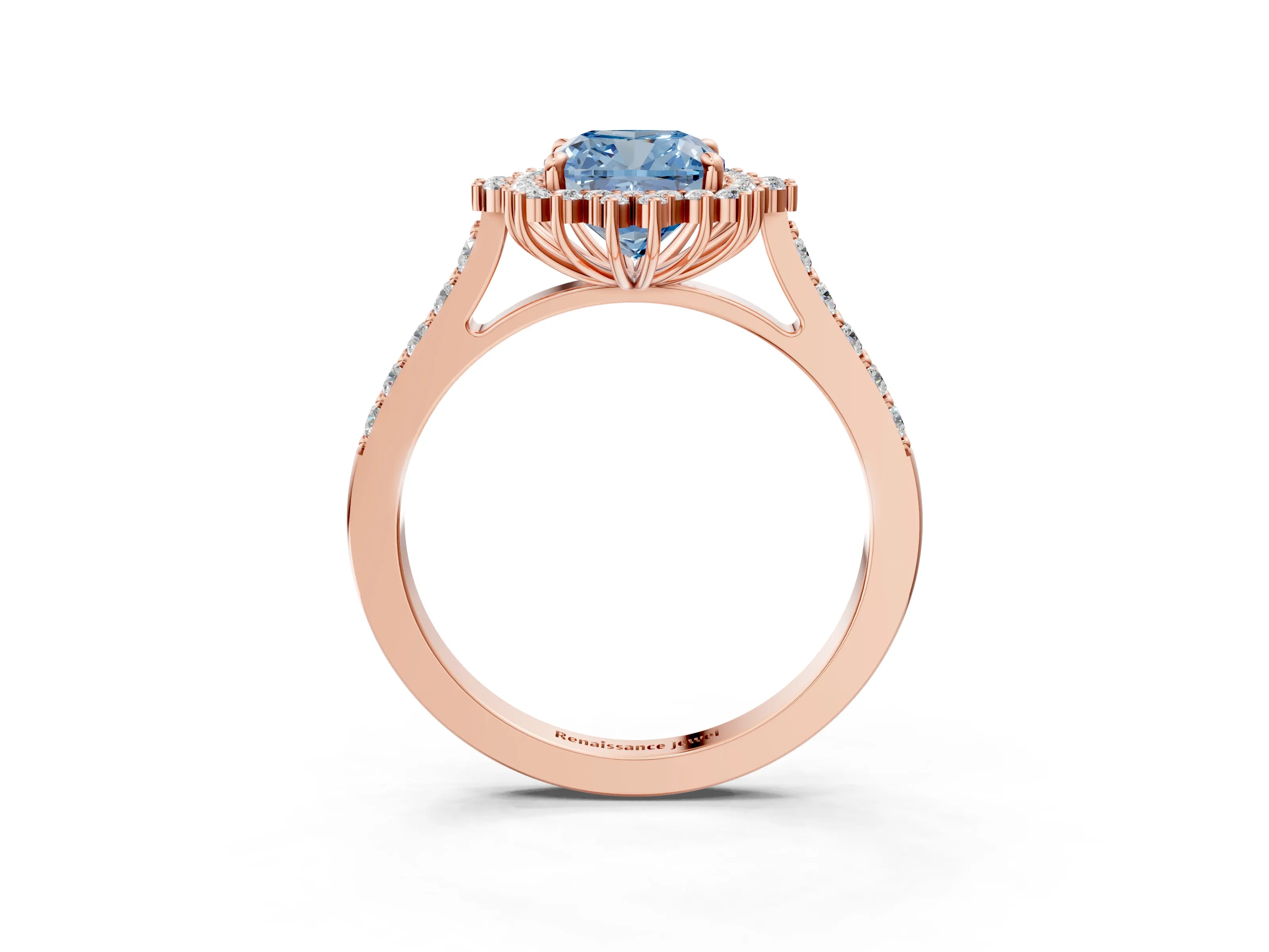 Rose gold Fancy Blue Cushion Cut Cut Diamond Sunburst Halo Engagement Ring with Pavé Band_3