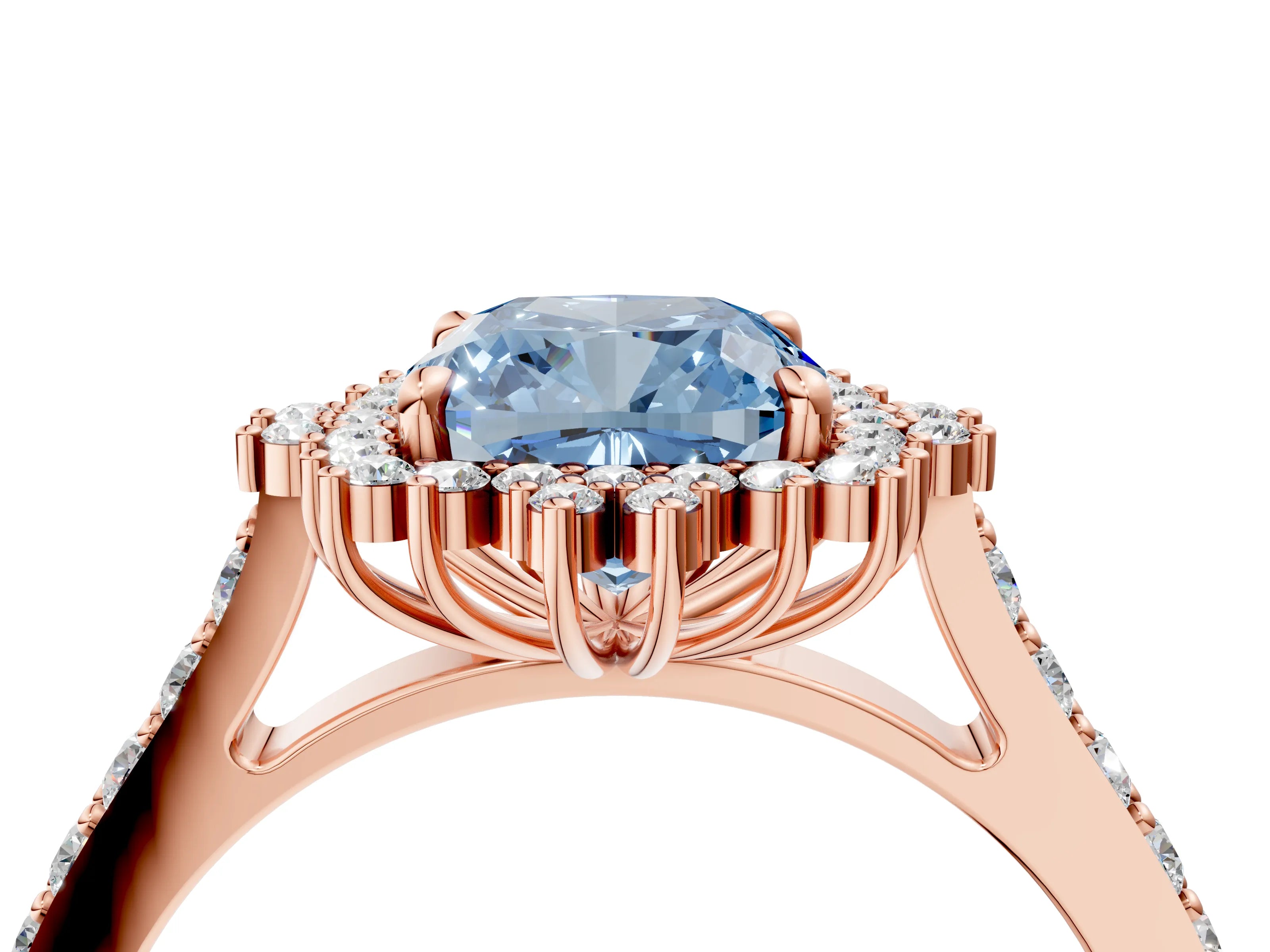 Rose gold Fancy Blue Cushion Cut Cut Diamond Sunburst Halo Engagement Ring with Pavé Band_4