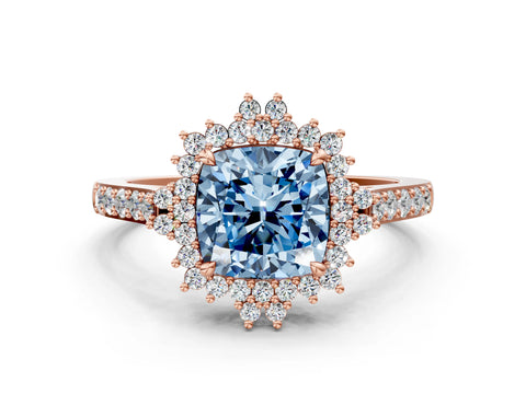 Rose gold Fancy Blue Cushion Cut Cut Diamond Sunburst Halo Engagement Ring with Pavé Band