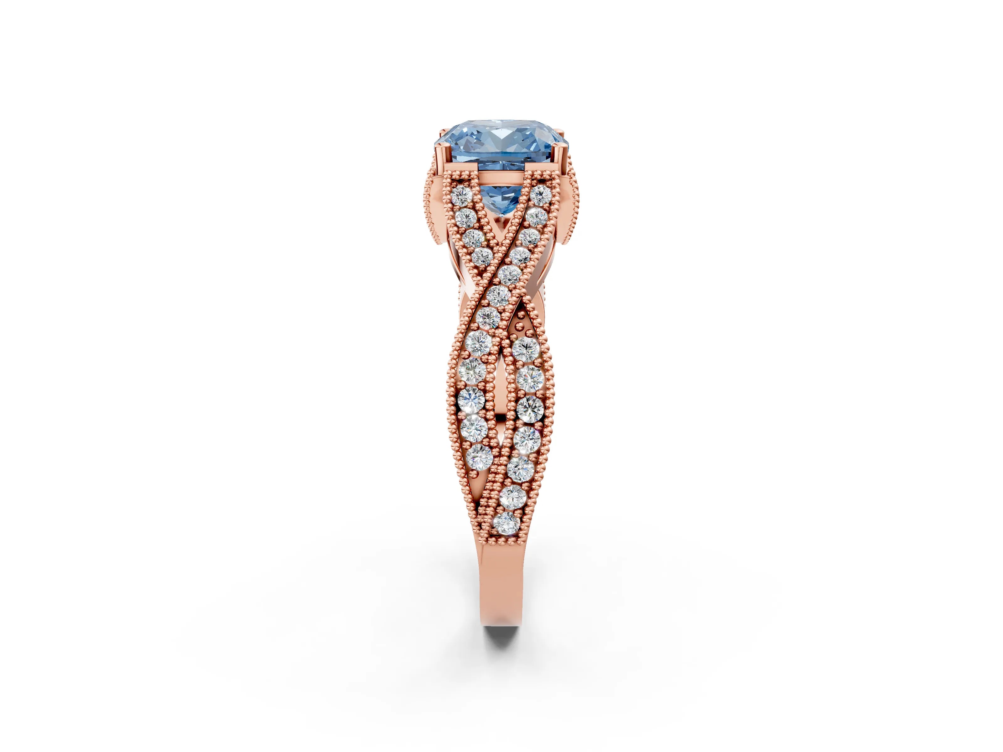 Rose gold Fancy Blue Cushion Cut Cut Diamond Twisted Band with Milgrain Pave Setting and Four-Prong Setting_11