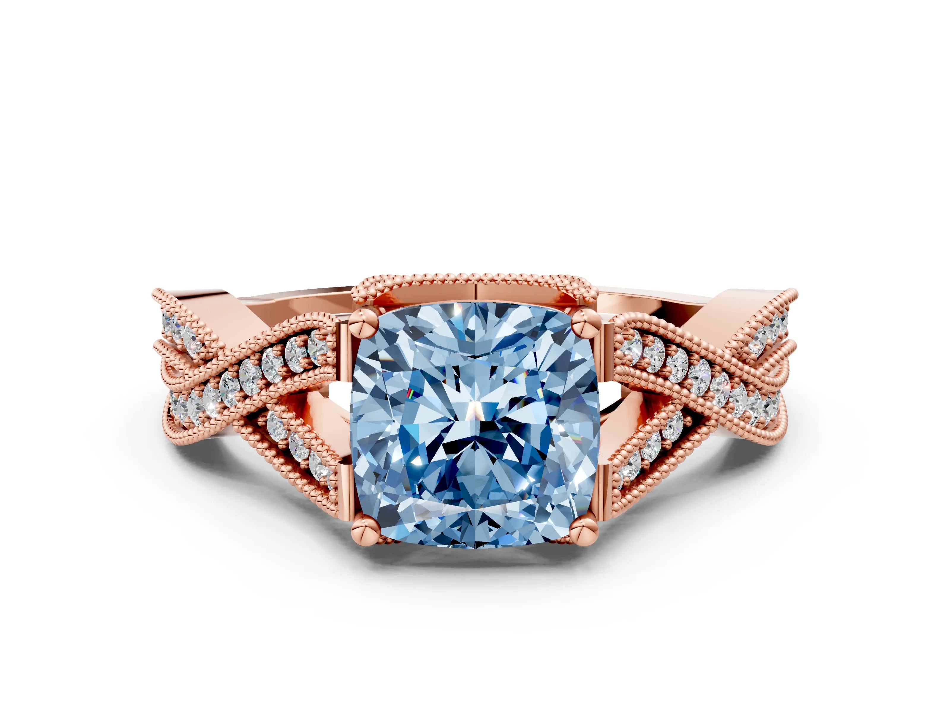 Rose gold Fancy Blue Cushion Cut Cut Diamond Twisted Band with Milgrain Pave Setting and Four-Prong Setting_24