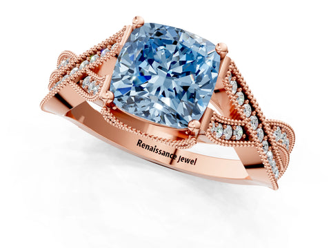 Rose gold Fancy Blue Cushion Cut Cut Diamond Twisted Band with Milgrain Pave Setting and Four-Prong Setting_25