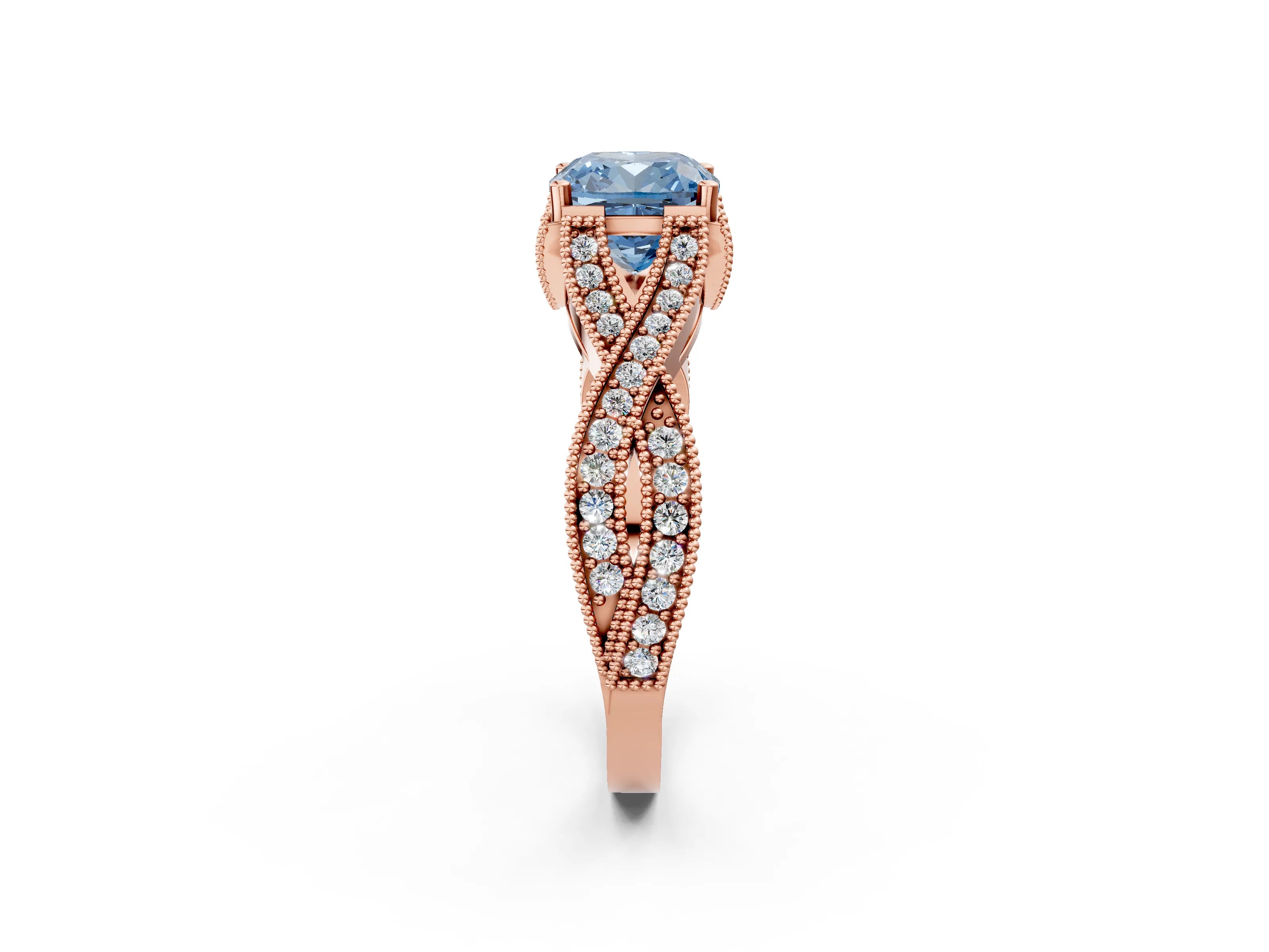 Rose gold Fancy Blue Cushion Cut Cut Diamond Twisted Band with Milgrain Pave Setting and Four-Prong Setting_26