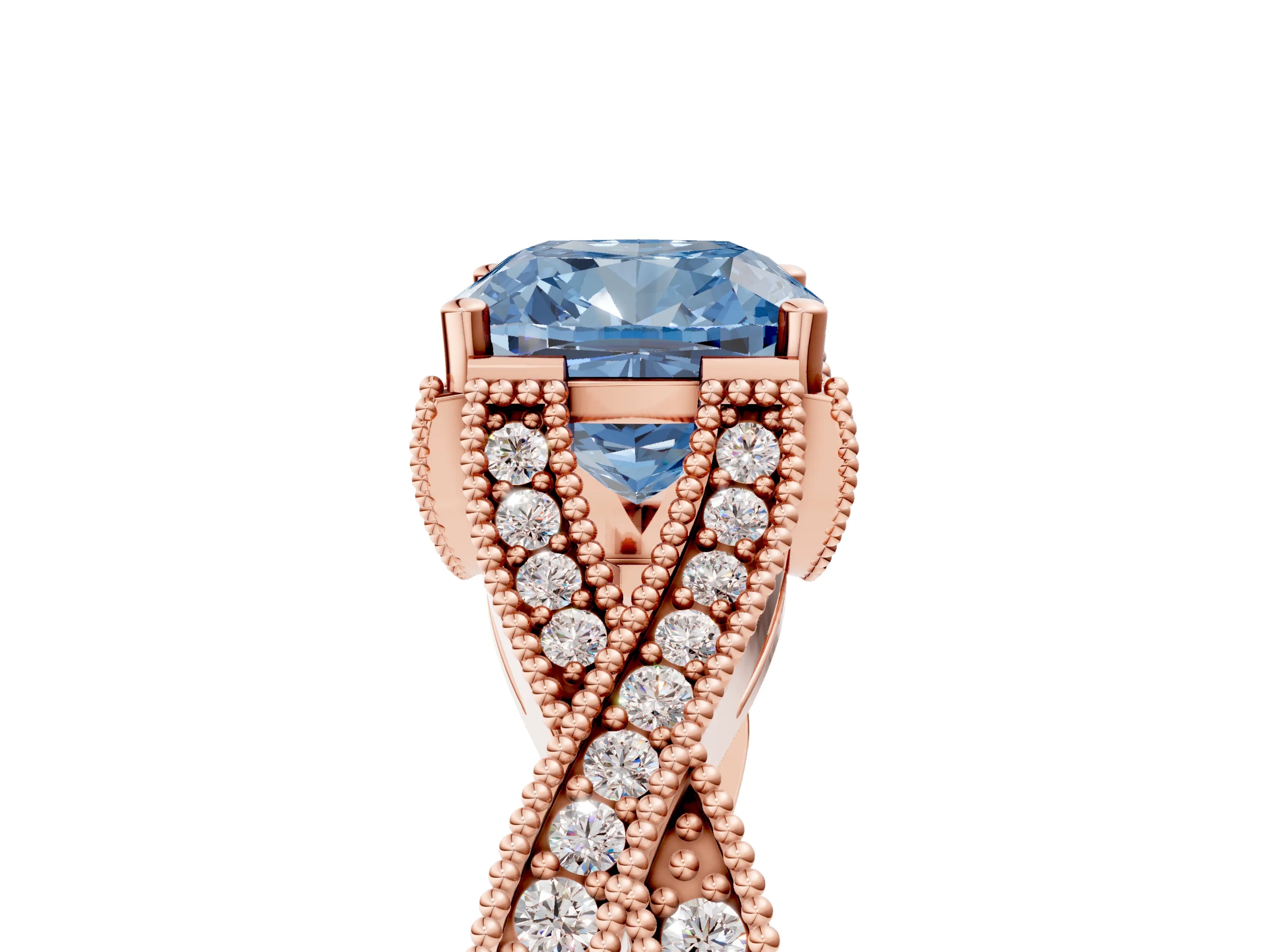 Rose gold Fancy Blue Cushion Cut Cut Diamond Twisted Band with Milgrain Pave Setting and Four-Prong Setting_29