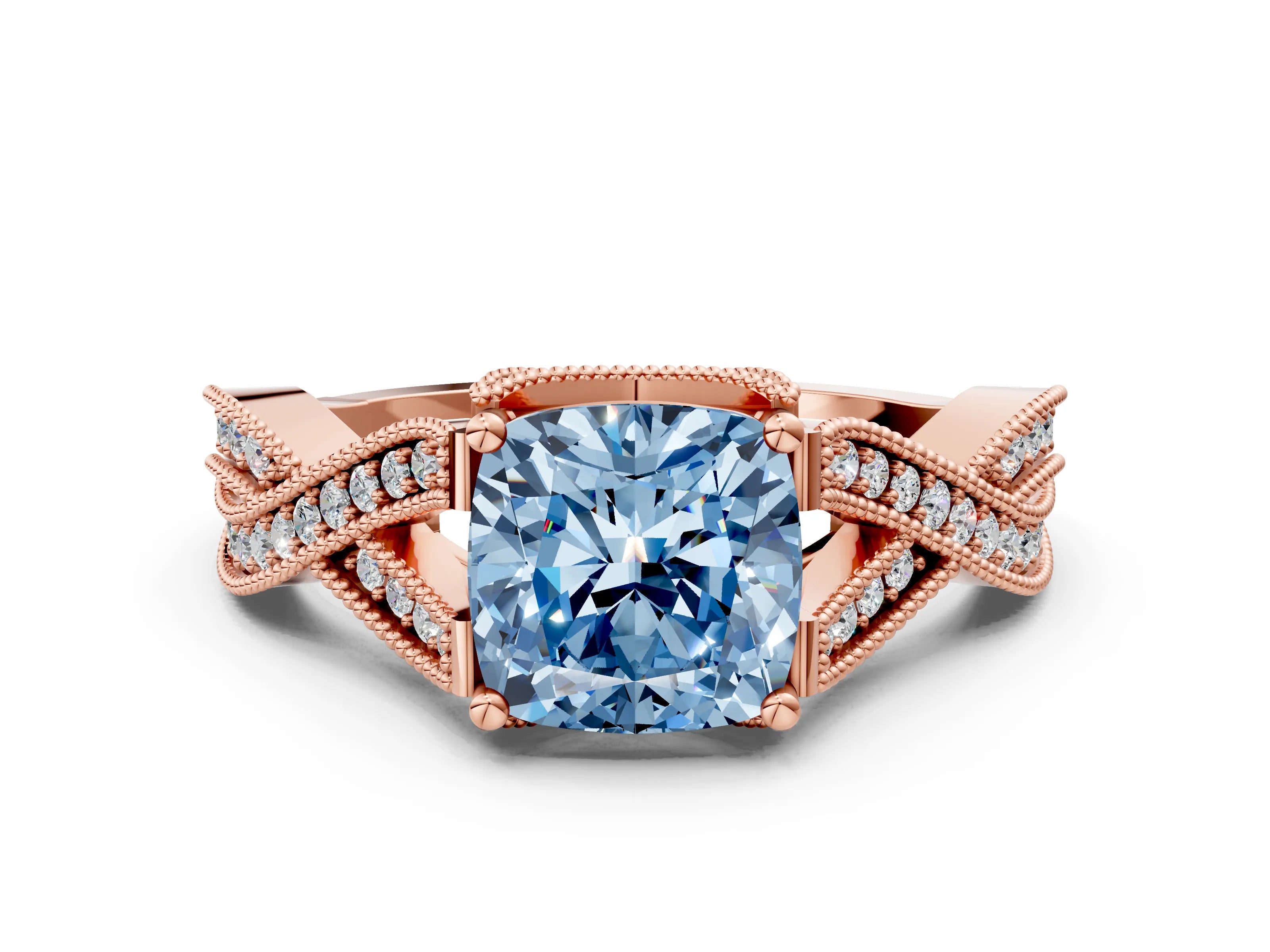 Rose gold Fancy Blue Cushion Cut Cut Diamond Twisted Band with Milgrain Pave Setting and Four-Prong Setting_9