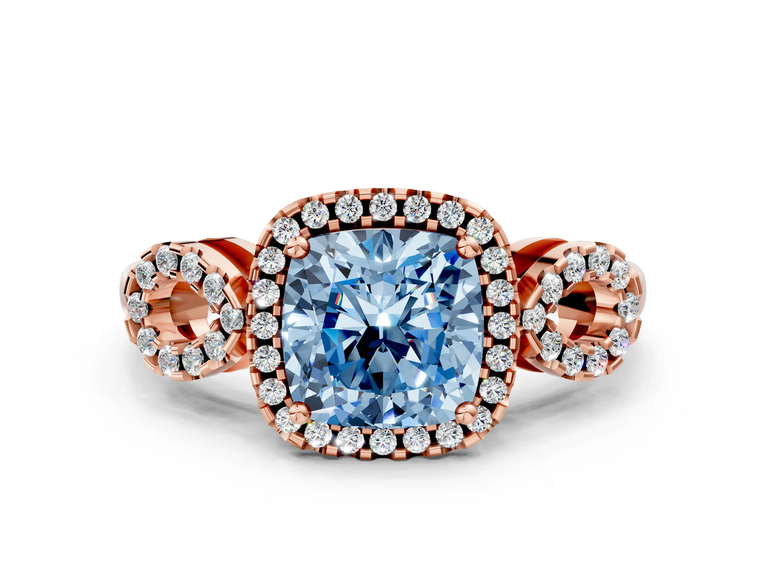 Rose gold Fancy Blue Cushion Cut Cut Halo Diamond Infinity Band with Four-Prong Setting