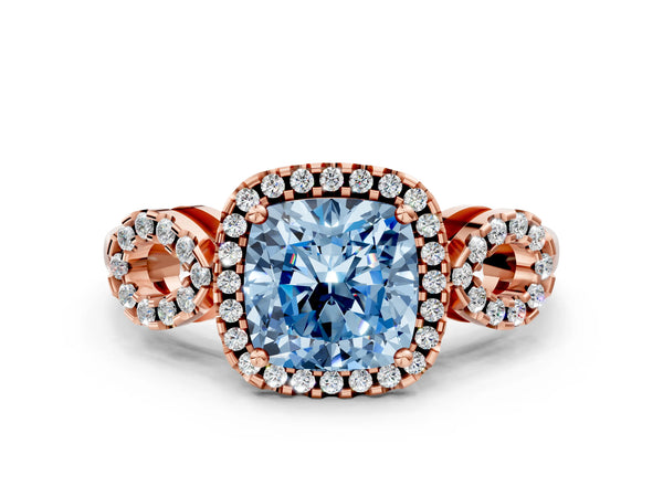 Rose Gold Cushion Cut Pave Infinity Halo Engagement Ring Setting for Fancy Blue Center