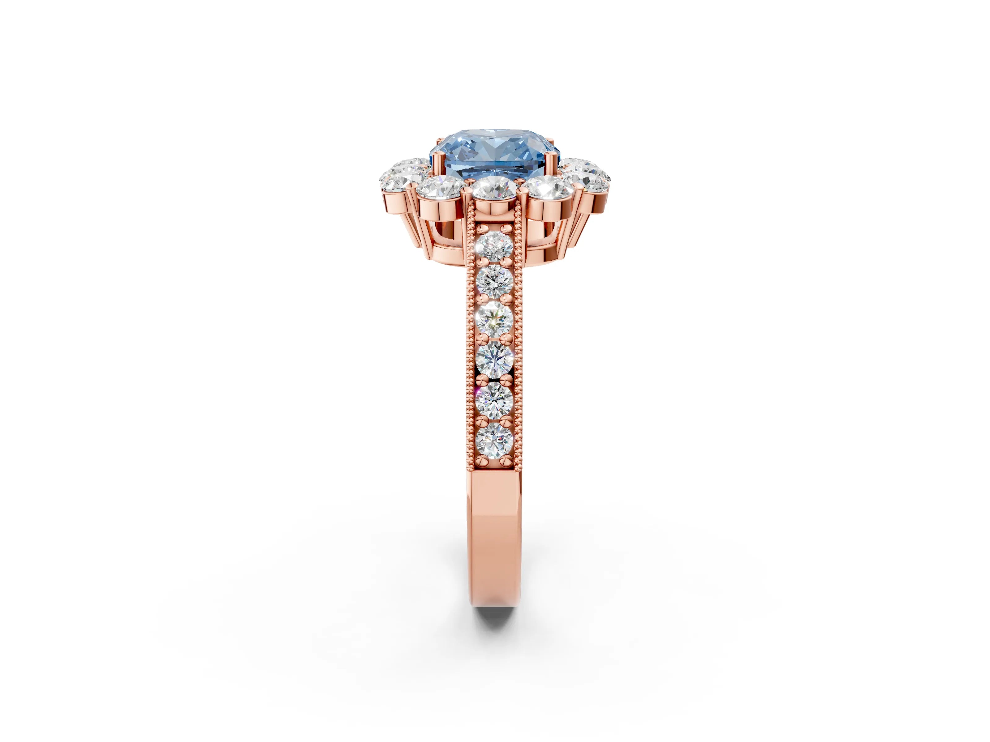 Rose gold Fancy Blue Cushion Cut Cut Halo Diamond Pavé Engagement Ring with Milgrain Detailing_2