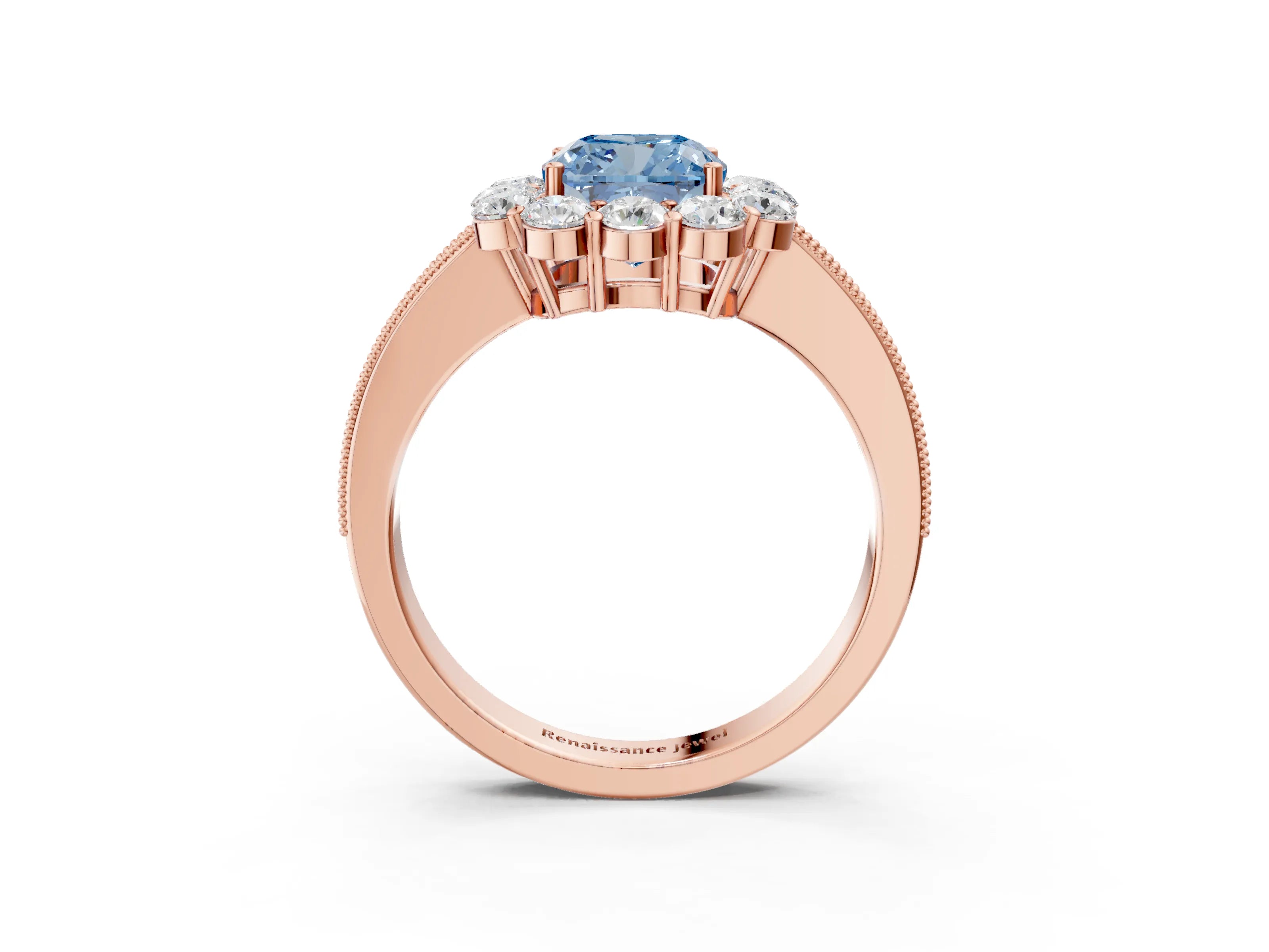Rose gold Fancy Blue Cushion Cut Cut Halo Diamond Pavé Engagement Ring with Milgrain Detailing_3