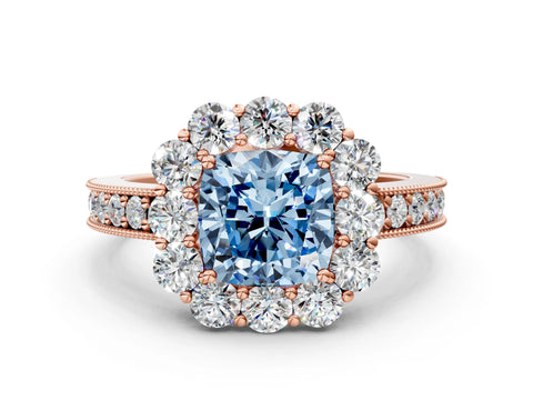 Rose gold Fancy Blue Cushion Cut Cut Halo Diamond Pavé Engagement Ring with Milgrain Detailing