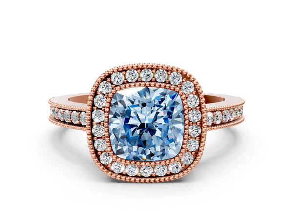 Rose Gold Cushion Cut Double Milgrain Halo Engagement Ring Setting for Fancy Blue Center