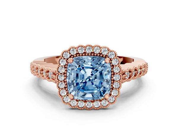 Rose gold Fancy Blue Cushion Cut Cut Halo Pavé Solitaire Ring with Milgrain Band