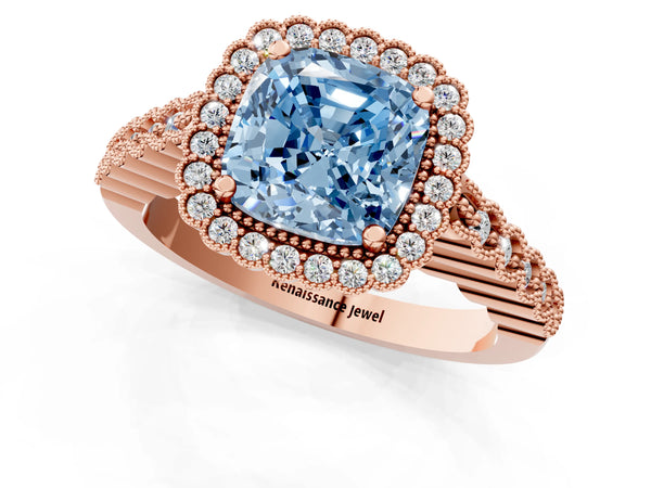 Rose gold Fancy Blue Cushion Cut Cut Halo Pavé Solitaire Ring with Milgrain Band