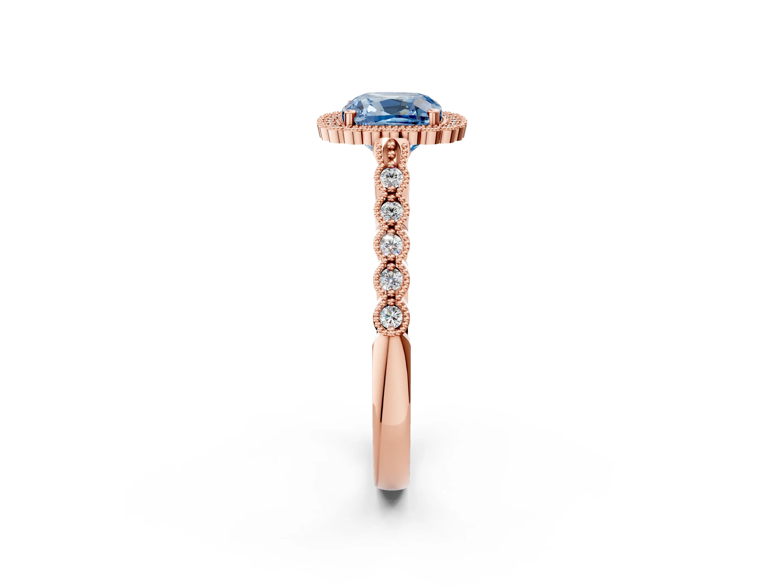 Rose gold Fancy Blue Cushion Cut Cut Halo Pavé Solitaire Ring with Milgrain Band_2