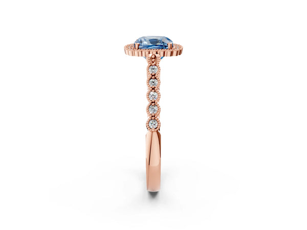 Rose gold Fancy Blue Cushion Cut Cut Halo Pavé Solitaire Ring with Milgrain Band