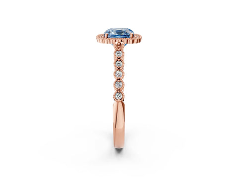 Rose gold Fancy Blue Cushion Cut Cut Halo Pavé Solitaire Ring with Milgrain Band_2
