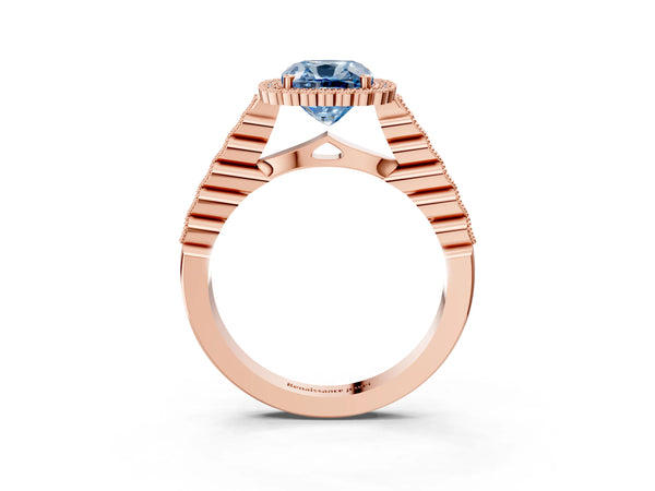Rose gold Fancy Blue Cushion Cut Cut Halo Pavé Solitaire Ring with Milgrain Band