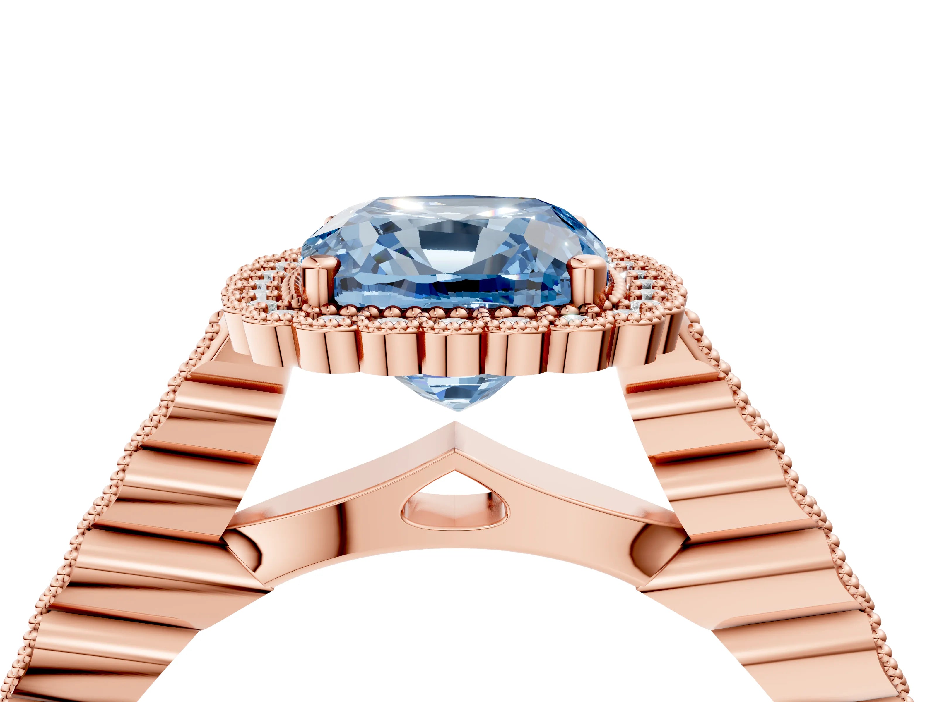Rose gold Fancy Blue Cushion Cut Cut Halo Pavé Solitaire Ring with Milgrain Band_4
