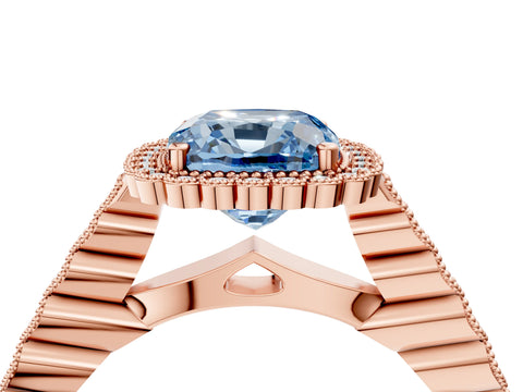 Rose gold Fancy Blue Cushion Cut Cut Halo Pavé Solitaire Ring with Milgrain Band_4