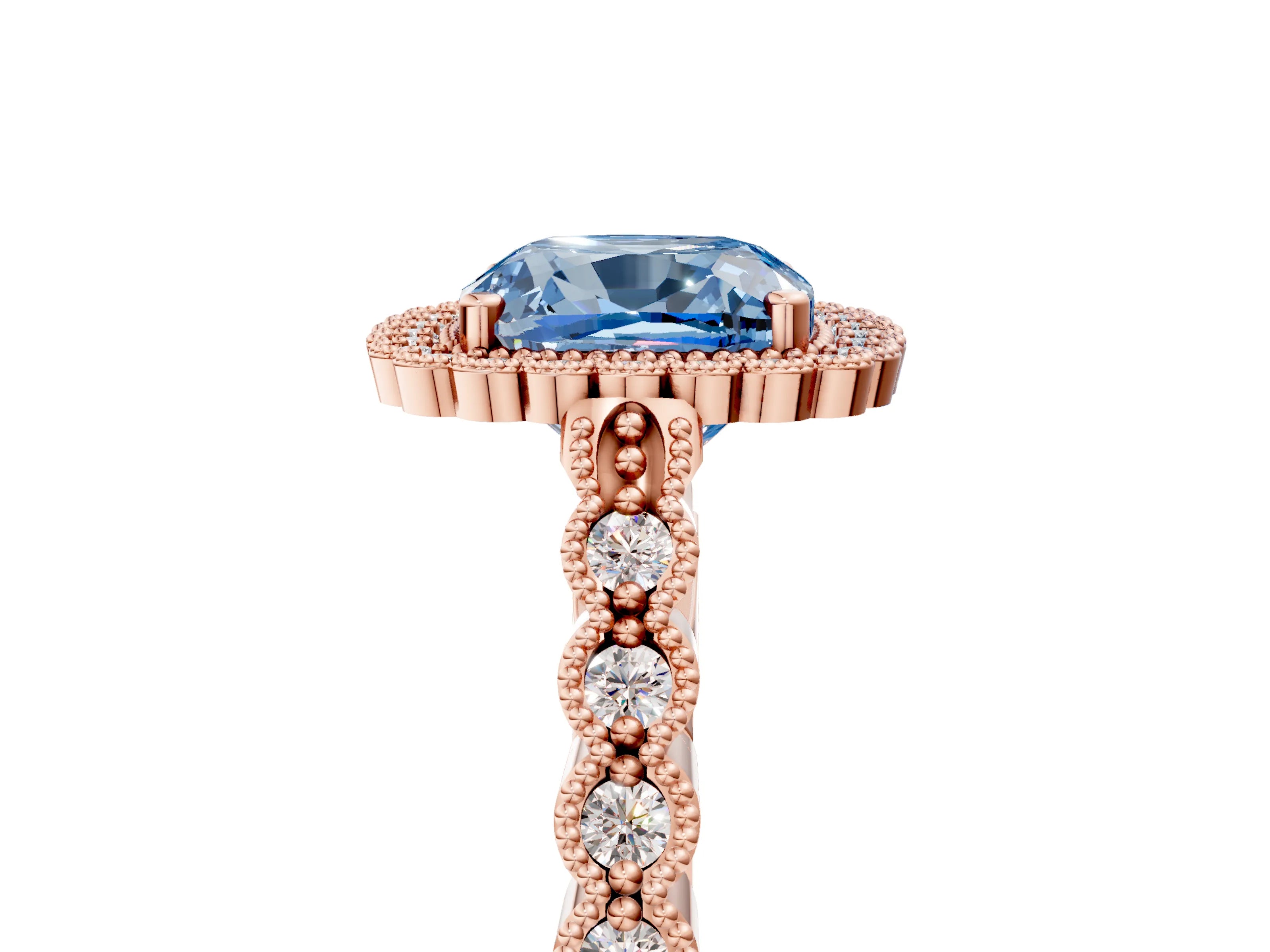 Rose gold Fancy Blue Cushion Cut Cut Halo Pavé Solitaire Ring with Milgrain Band_5