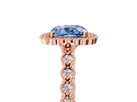 Rose gold Fancy Blue Cushion Cut Cut Halo Pavé Solitaire Ring with Milgrain Band_5