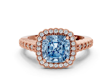 Rose gold Fancy Blue Cushion Cut Cut Halo Pavé Solitaire Ring with Milgrain Band
