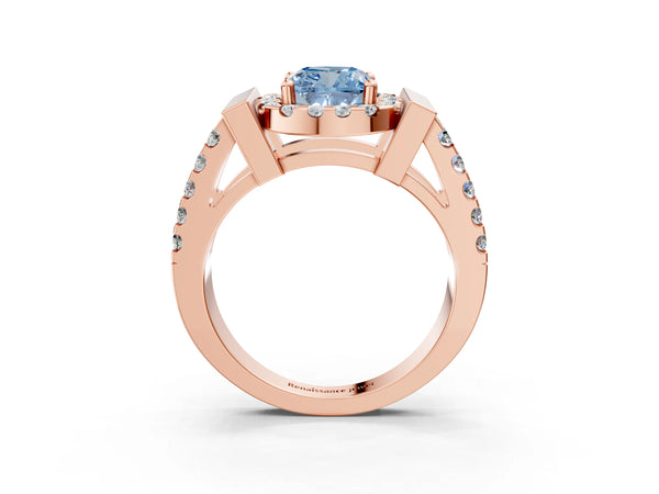 Rose Gold Cushion Cut Halo Engagement Ring Setting for Fancy Blue Center with Bar Shoulders