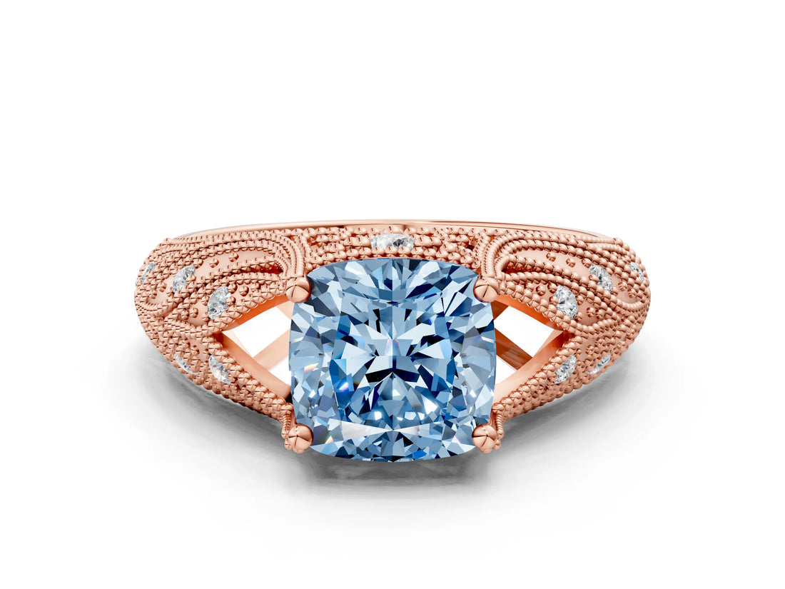 Rose gold Fancy Blue Cushion Cut Cut Milgrain Pave Diamond Engagement Ring with Four-Prong Setting_15