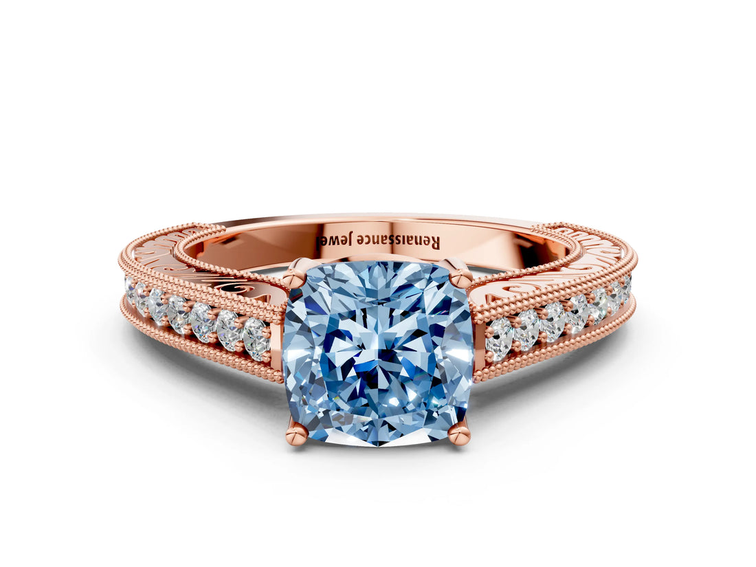 Rose gold Fancy Blue Cushion Cut Cut Pave Band Milgrain Solitaire Ring