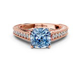 Rose gold Fancy Blue Cushion Cut Cut Pave Band Milgrain Solitaire Ring