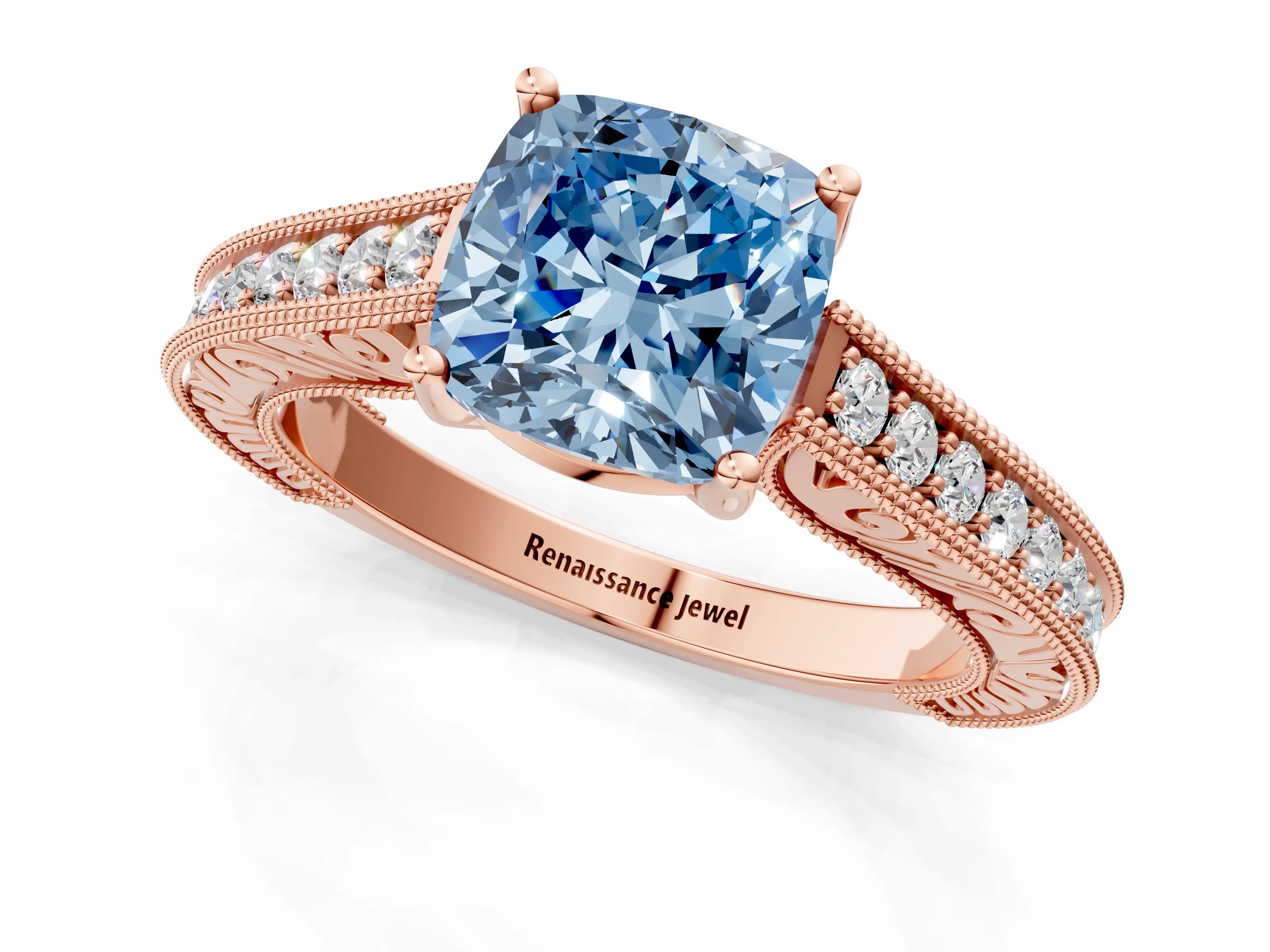 Rose gold Fancy Blue Cushion Cut Cut Pave Band Milgrain Solitaire Ring_1