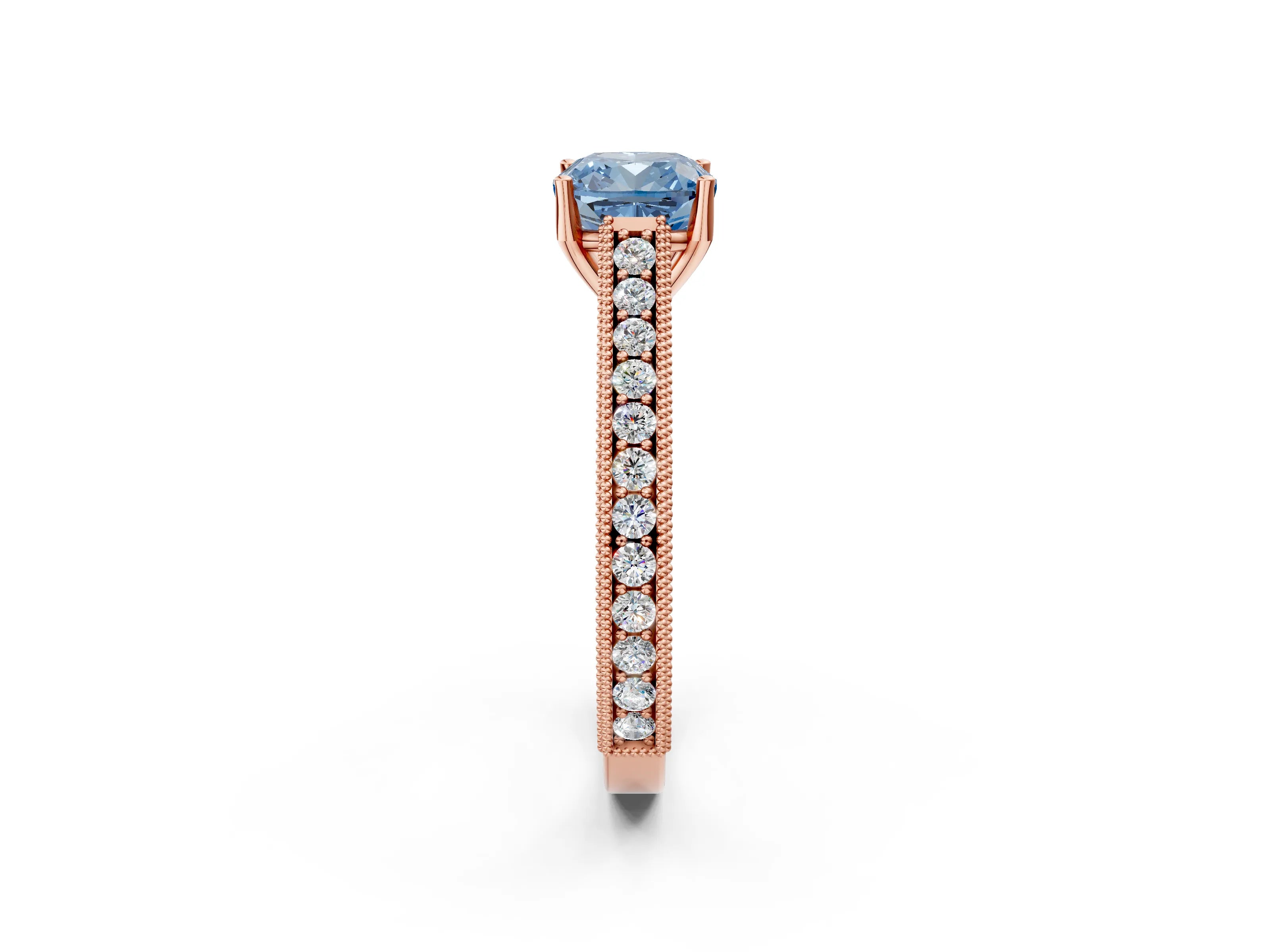 Rose gold Fancy Blue Cushion Cut Cut Pave Band Milgrain Solitaire Ring_2