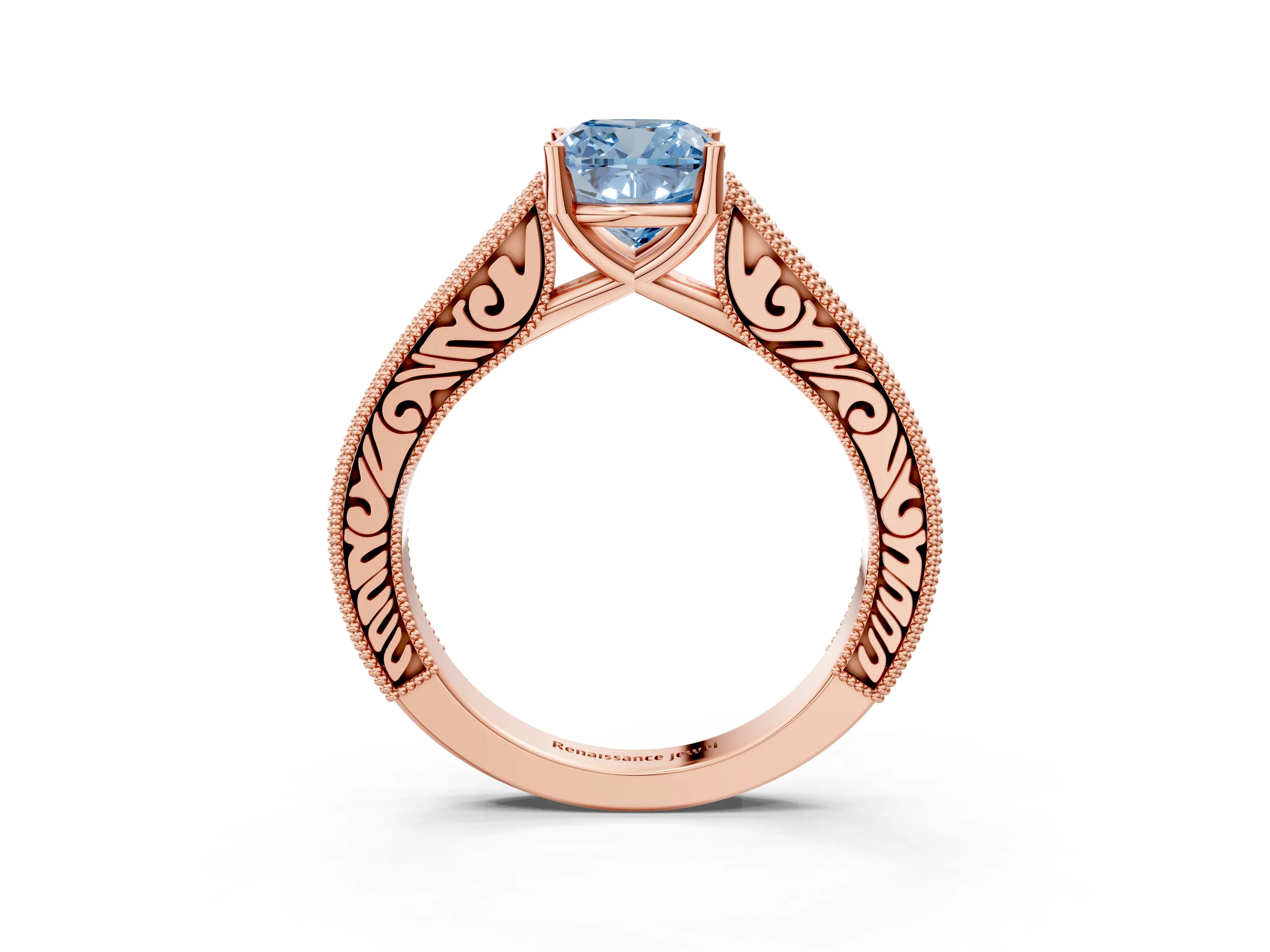 Rose gold Fancy Blue Cushion Cut Cut Pave Band Milgrain Solitaire Ring_3