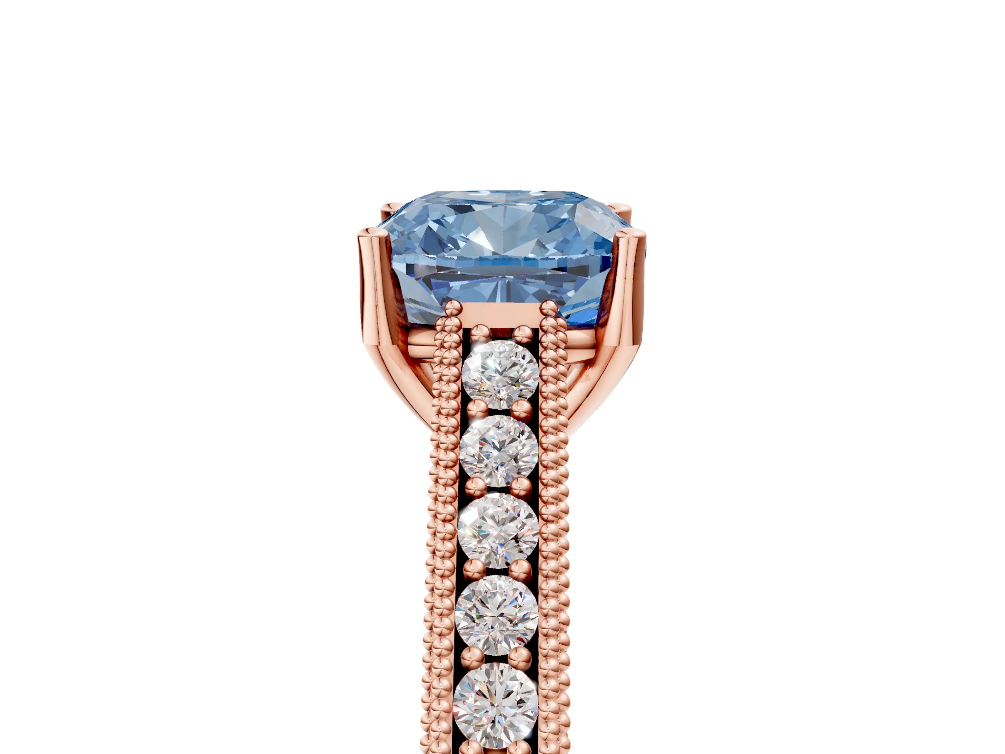 Rose gold Fancy Blue Cushion Cut Cut Pave Band Milgrain Solitaire Ring_5