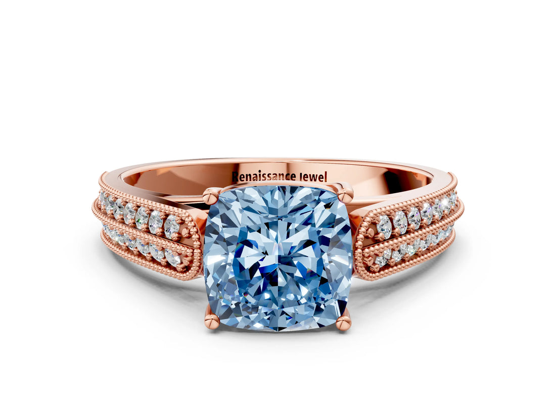 Rose gold Fancy Blue Cushion Cut Cut Pave Split Shank Engagement Ring with Four-Prong Setting