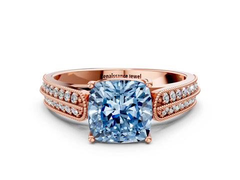 Rose gold Fancy Blue Cushion Cut Cut Pave Split Shank Engagement Ring with Four-Prong Setting