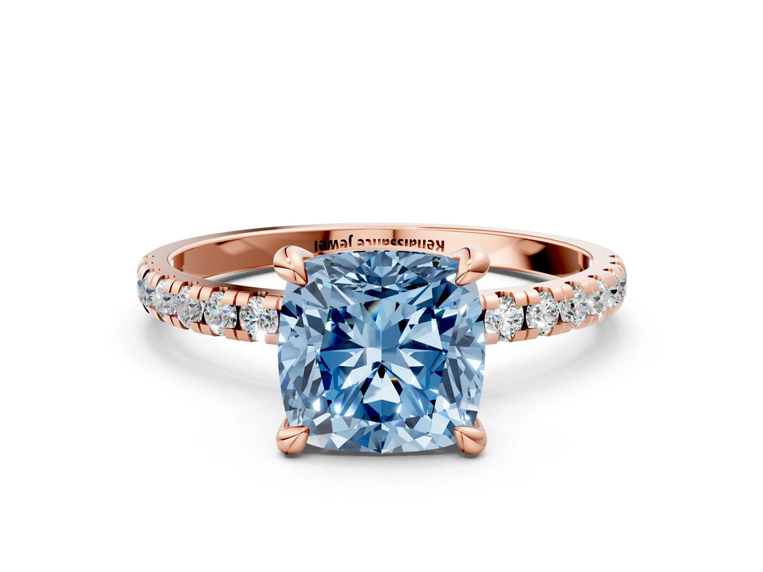 Rose gold Fancy Blue Cushion Cut Diamond Brilliant Solitaire Ring with Pavé Band and Four-Prong Setting_12