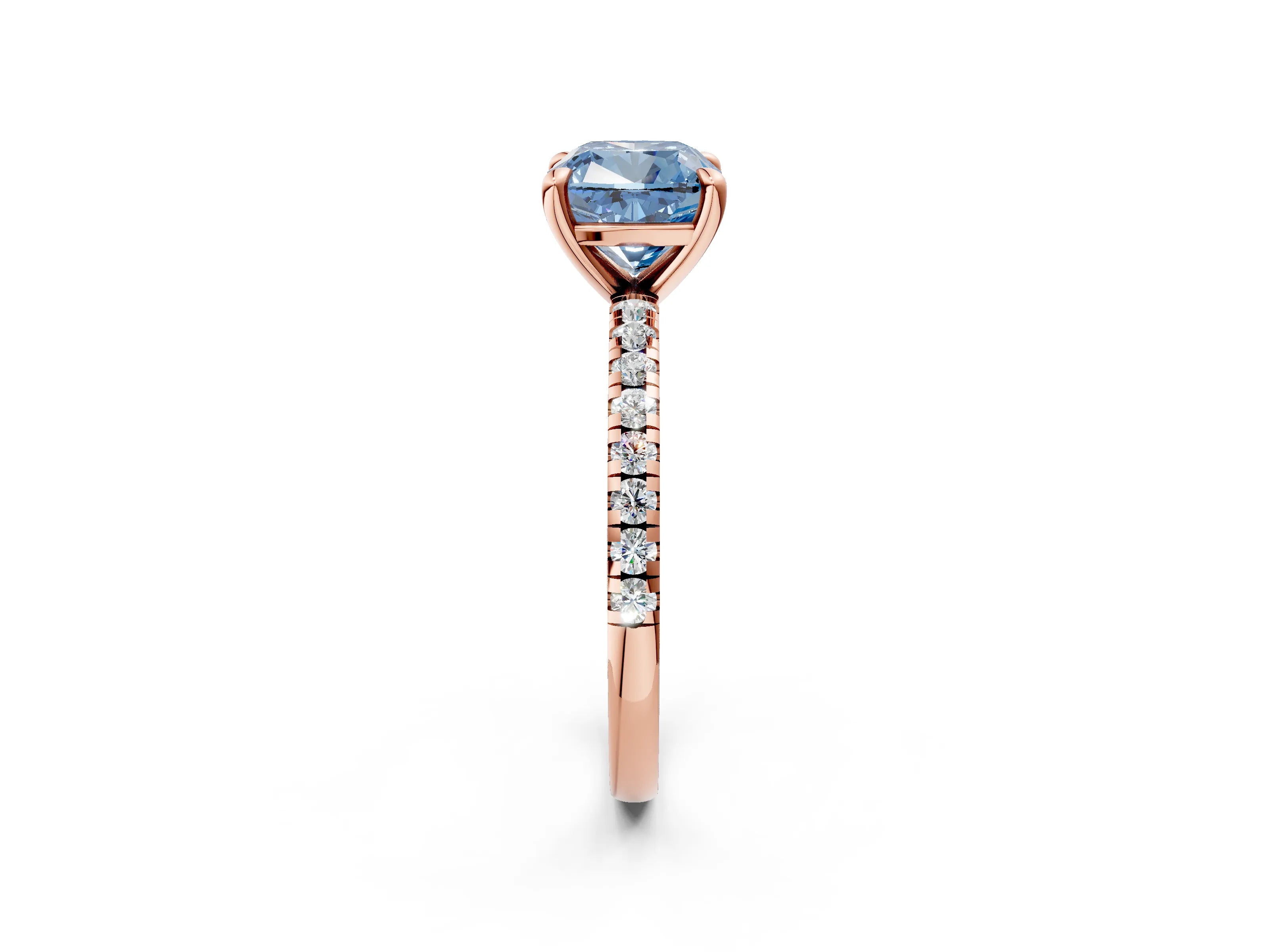 Rose gold Fancy Blue Cushion Cut Diamond Brilliant Solitaire Ring with Pavé Band and Four-Prong Setting_2