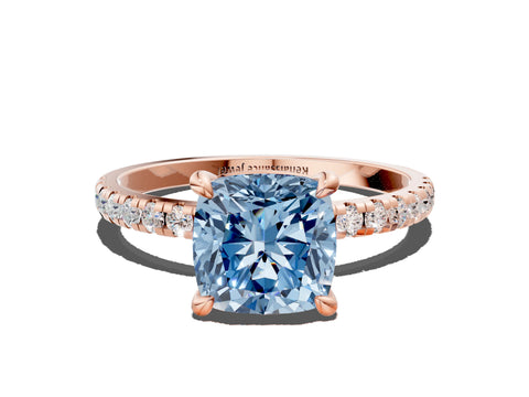 Rose gold Fancy Blue Cushion Cut Diamond Brilliant Solitaire Ring with Pavé Band and Four-Prong Setting