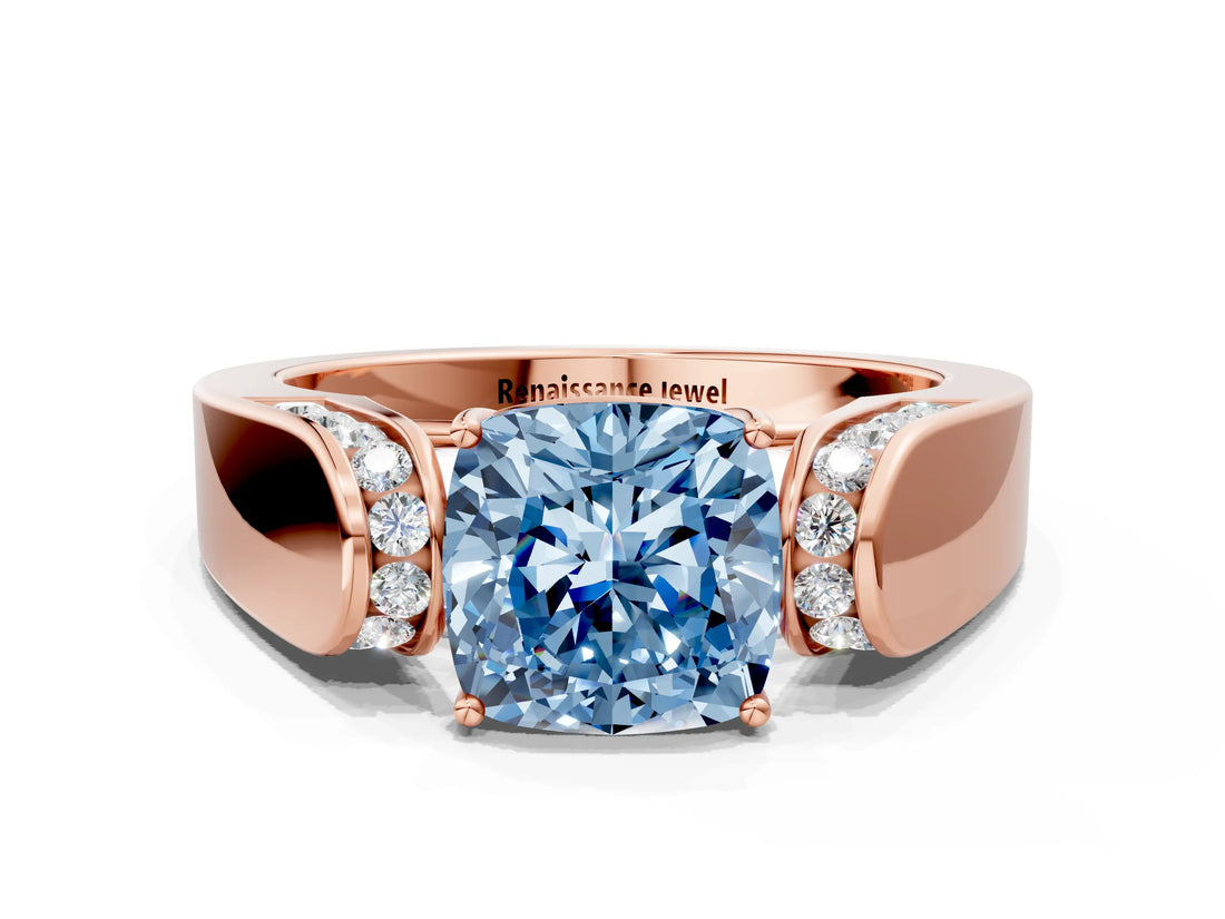 Rose gold Fancy Blue Cushion Cut Diamond Channel Set Solitaire Ring with Four-Prong Setting_12