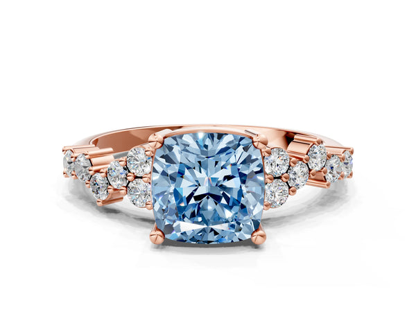Rose gold Fancy Blue Cushion Cut Diamond Cluster Pavé Band with Four-Prong Setting
