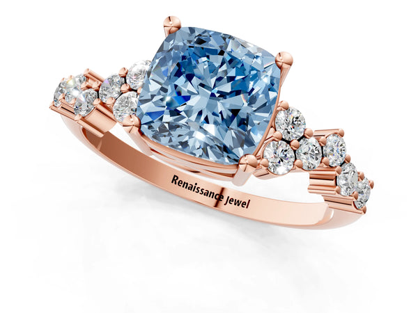 Rose gold Fancy Blue Cushion Cut Diamond Cluster Pavé Band with Four-Prong Setting