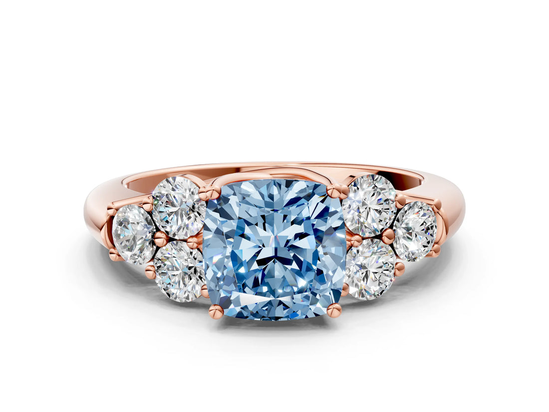 Rose gold Fancy Blue Cushion  Cut Diamond Cluster Ring with Round Accent Stones and Prong Setting on a Classic Band_48